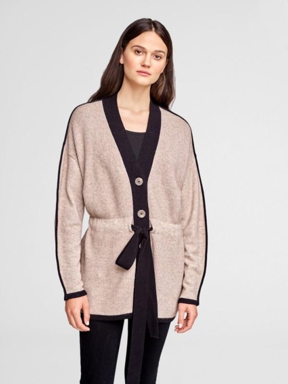 White + Warren Cinched Waist Coatigan Almond/Black Quiet Luxury Sweater Coat